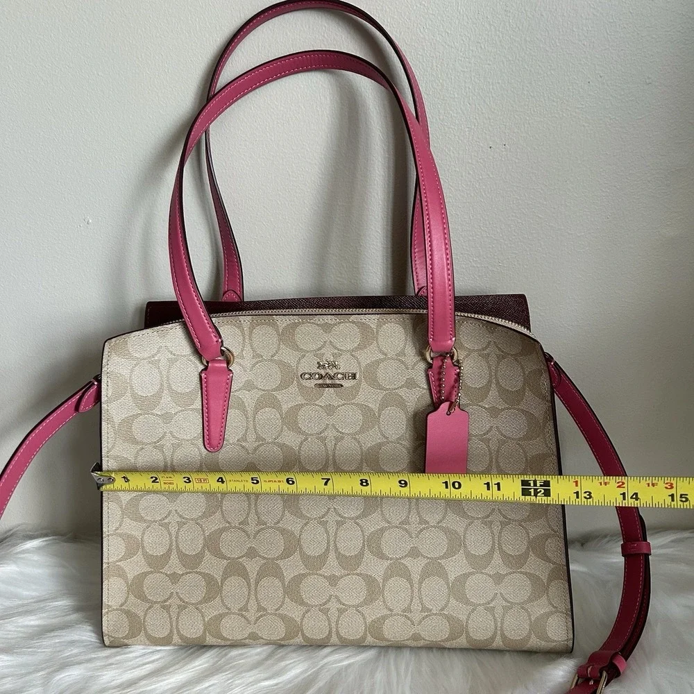 Coach Tatum Carryall 28 Khaki‎ Pink Signature Canvas Leather Bag Excellent